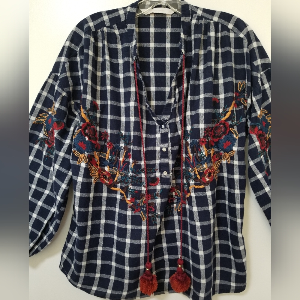 Zara Blouse Blue White Check Embroidered Boho Peasant Long Sleeve Tassel Size XS